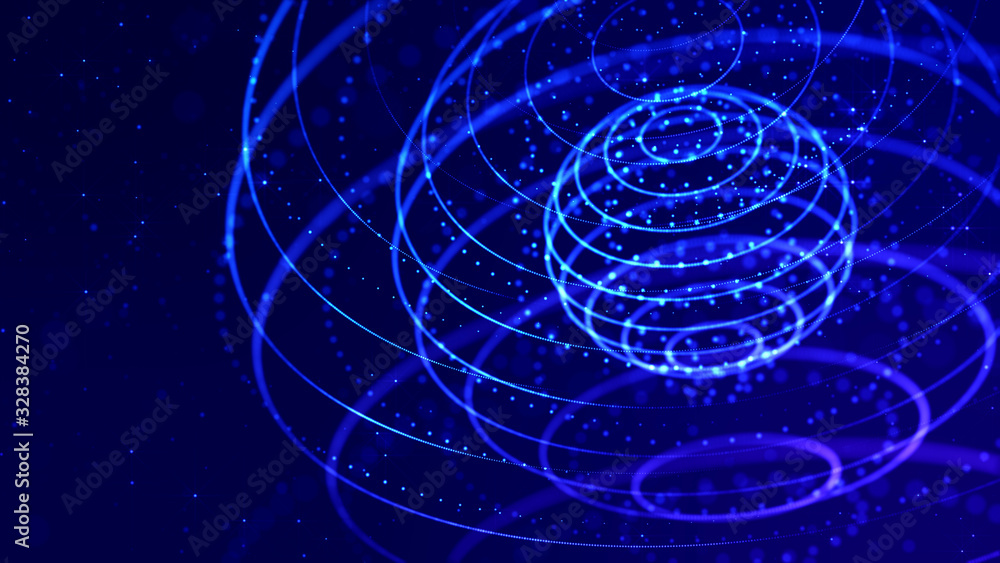 Poster abstract sci-fi background with glow particles form curved lines, surfaces, hologram structures or v