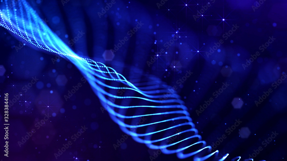 Poster abstract sci-fi background with glow particles form curved lines, surfaces, hologram structures or v