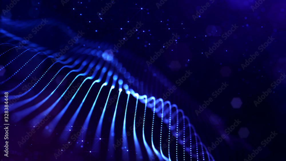 Poster abstract sci-fi background with glow particles form curved lines, surfaces, hologram structures or v