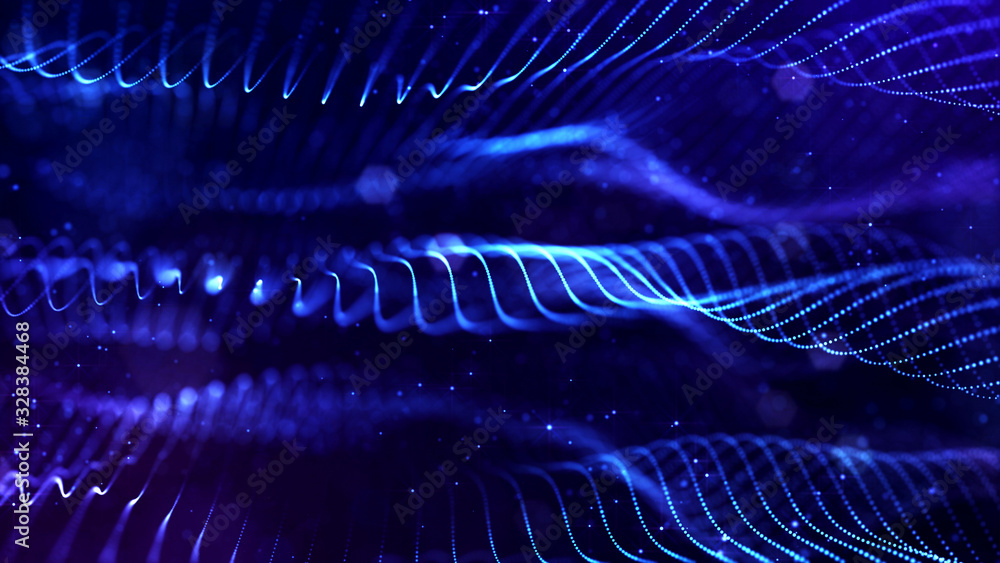 Poster abstract sci-fi background with glow particles form curved lines, surfaces, hologram structures or v