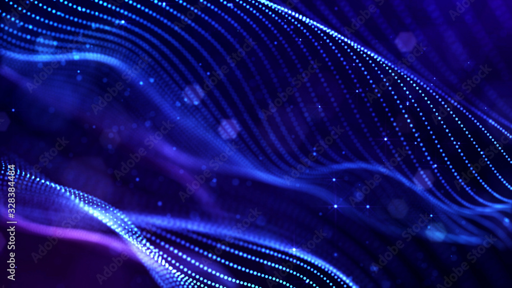 Poster abstract sci-fi background with glow particles form curved lines, surfaces, hologram structures or v