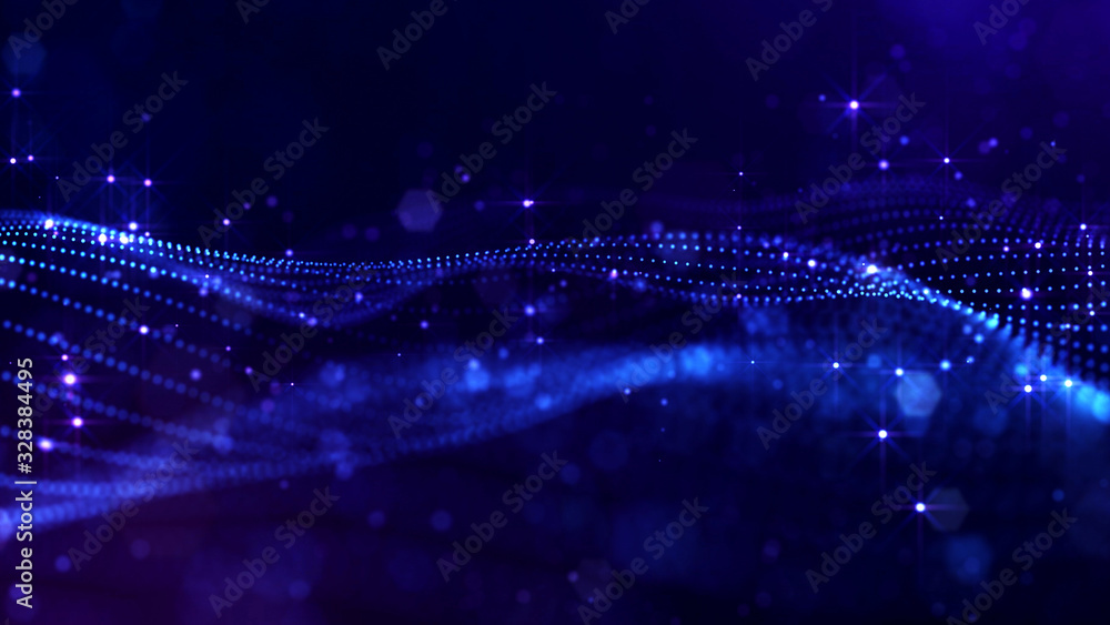 Poster abstract sci-fi background with glow particles form curved lines, surfaces, hologram structures or v