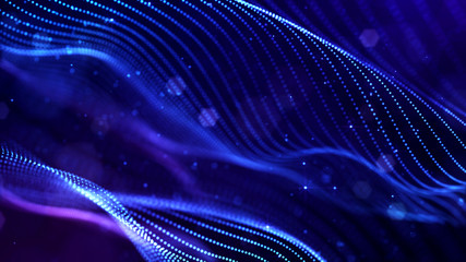 abstract sci-fi background with glow particles form curved lines, surfaces, hologram structures or virtual digital space. Deep blue motion design background of microworld or cosmic space. Strings 9 © Green Wind