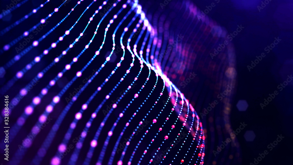 Poster abstract sci-fi background with glow particles form curved lines, surfaces, hologram structures or v