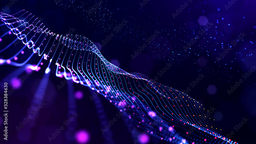 Poster abstract sci-fi background with glow particles form curved lines, surfaces, hologram structures or v