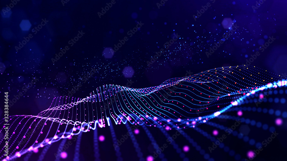 Poster abstract sci-fi background with glow particles form curved lines, surfaces, hologram structures or v