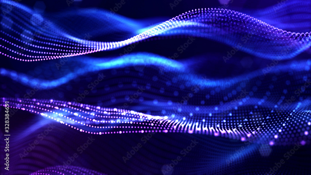 Poster abstract sci-fi background with glow particles form curved lines, surfaces, hologram structures or v