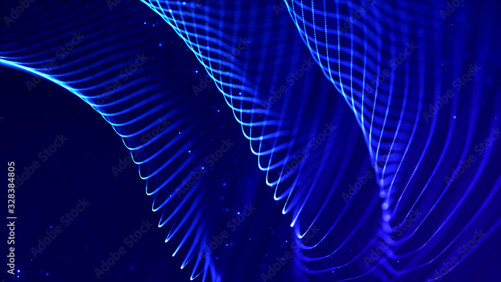 Poster abstract sci-fi background with glow particles form curved lines, surfaces, hologram structures or v