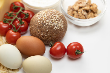 Healthy eating food. Ingredients for low carb keto ketogenic diet. Intermittent fasting conception. Time to loss weight. Flat lay.