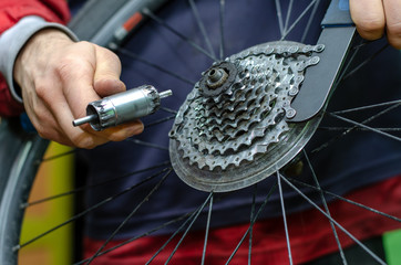 mountain bike repair. The master holds in his hand a tool for removing the cassette. sprocket remover chain whip.