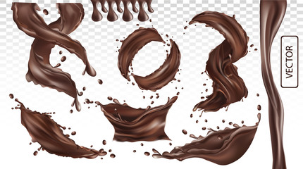 3D realistic splash of chocolate. Twisted dark chocolate with drop on transparent background. Set vector illustration. - obrazy, fototapety, plakaty
