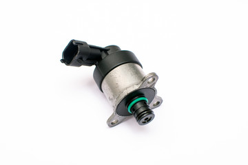 Electromagnetic metering valve of the vehicle's fuel pump on an isolated white background. Common...