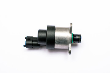 Electromagnetic metering valve of the vehicle's fuel pump on an isolated white background. Common...