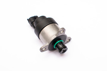 Electromagnetic metering valve of the vehicle's fuel pump on an isolated white background. Common...