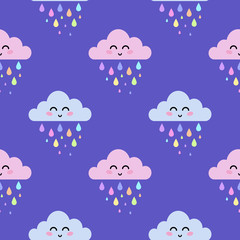 Cute cartoon face cloud seamless pattern with colorful rain drops