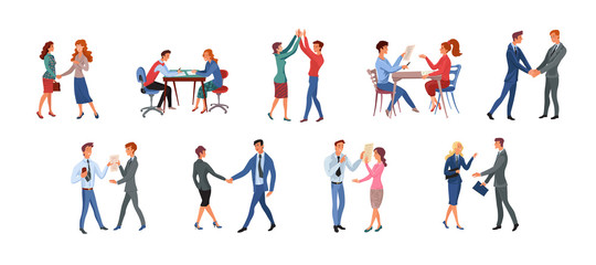 The set of different office workers has conversations, greeting, meeting. Vector illustration in flat cartoon style.