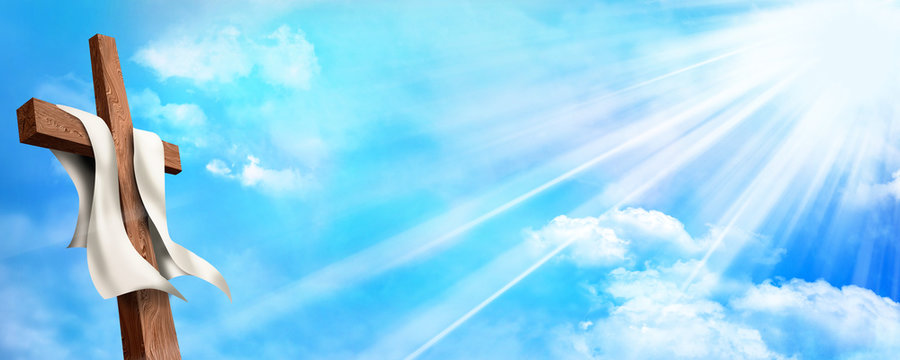 Web Banner. Resurrection. Christian Cross With Risen Jesus Christ And Clouds Sky Background. Life After Death