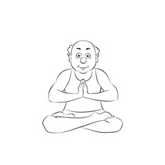 Yoga old man in lotus position.Nice oldster meditating.Vector illustration,linear silhouette on a white background.