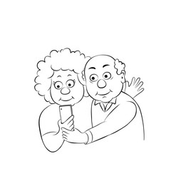 Smartphone dialog of older male and female ,online call talking elderly characters vector concept.Linear silhouette on a white background.