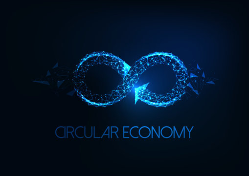 Futuristic circular economy concept with glowing low polygonal infinity sign isolated on dark blue
