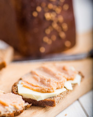 sandwich.made of bread and spreads with caviar Festive snack