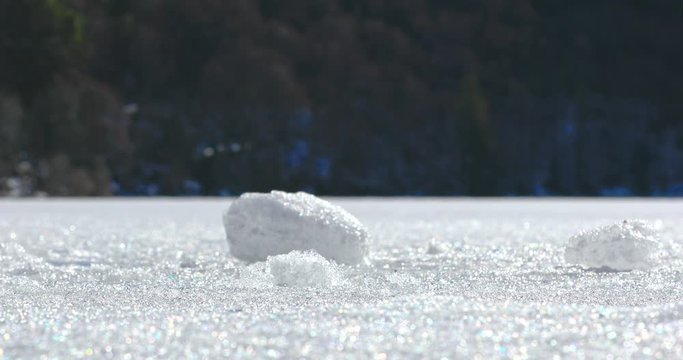 ice on the Pavin lake, Auvergne, France.