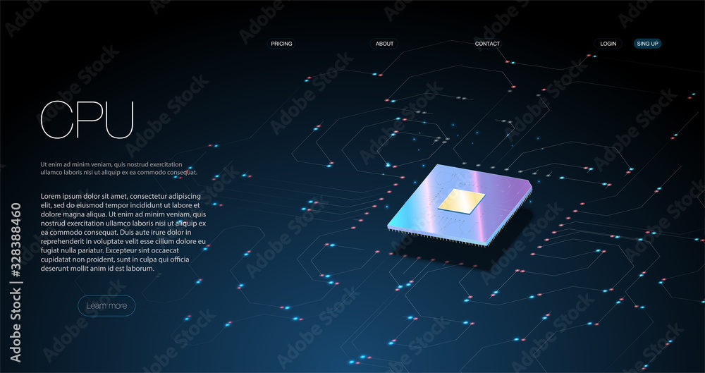 Poster 3d closeup of cpu for web design. integrated communication processor. processors cpu concept. digita