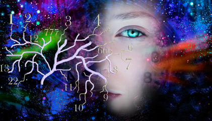 Portrait of space woman and abstract tree with numbers, numerology