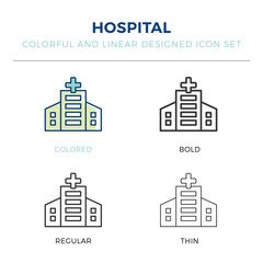 Obraz premium hospital building front icon in different style vector illustration. one colored and black hospital building front vector icons designed in filled, outline, line and stroke style can be used for