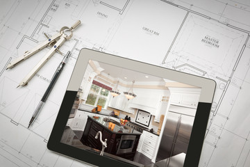 Computer Tablet Showing Kitchen Illustration On House Plans, Pencil, Compass