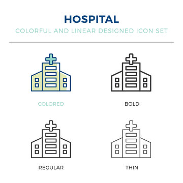 hospital building front icon in different style vector illustration. one colored and black hospital building front vector icons designed in filled, outline, line and stroke style can be used for
