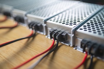 Close up of the metal mesh cases of power supply