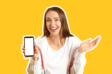 Fototapeta premium Young woman with mobile phone on color background