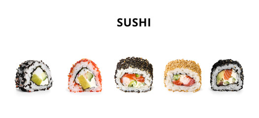 Set of tasty sushi rolls on white background