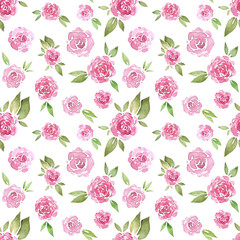 Seamless pattern with roses. Pink flowers, leaves on white background. Abstract colorful pattern in floral style. Idea for material, scarf, fabric, textile, wallpaper, wrapping paper. 