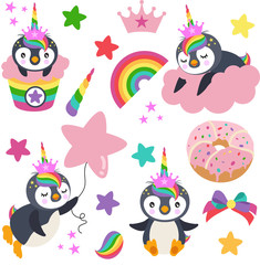 Set digital elements collection of cute unicorn penguin