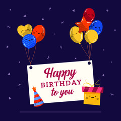 Fototapeta na wymiar Happy Birthday Banner Card Invitation in Flat Design Kawaii Cute with Balloons and Ornaments