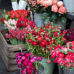 Design card from bouquet of white pink purple Ranunculus.