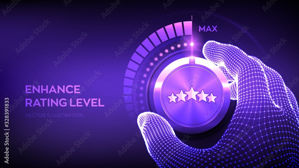 Poster rating levels knob button. increasing customer review rating. wireframe hand turning a rating test k