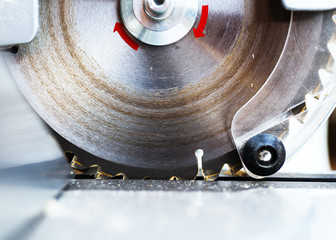 Circular saw blade with rotation red marks closeup