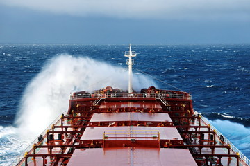 The movement of the vessel against the waves during a heavy storm. North Pacific ocean. © masterskuz55