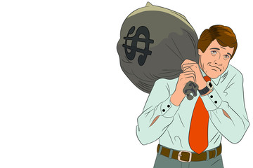 A man carries a bag of money. Vector image isolated on a white background.