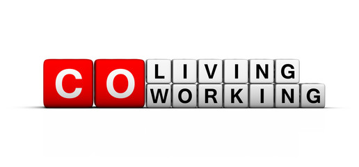 Co-working and co-living space 3D sign on white background