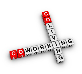 Co-working and co-living 3D crossword puzzle on white background