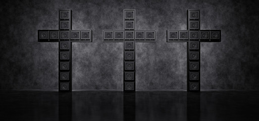 Three crosses made up of guitar amps in a dark space against a concrete wall. 3D Render