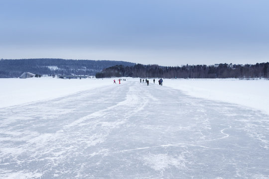 Sport activities on the ice track on the frozen lake Storsjön in Östersund