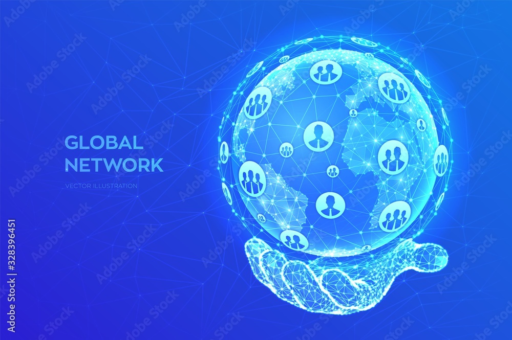 Poster global network connection. earth globe illustration. abstract polygonal planet in hand. low poly des