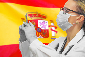 Female doctor. Influenza from coronavirus, prevention of pandemic virus infection. Virus in Spain.