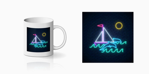 Neon summer print with sailing ship and dolphins in ocean in round frames for cup design. Shiny summertime symbol, design, banner in neon style on mug mockup. Vector shiny design element
