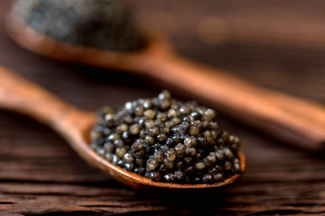 Wooden spoon with black sturgeon caviar, macro